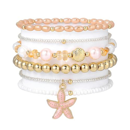 LALAPPLE Shell Bracelet Boho Beaded Stretch Bracelets for Women Seashell Strand Bracelets Starfish Charm Jewelry Summer Beach Jewelry Stackable Crystal Gold Plated Beads Bracelet for Women - style: T-Style9 pink