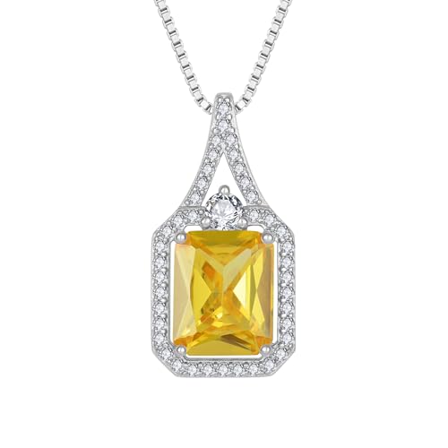 Created Gemstone Necklace 925 Sterling Silver Halo Rectangular Pendant Birthstone Necklaces Jewelry Gifts for Women - color: 11 November - Citrine