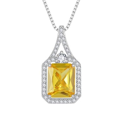 Created Gemstone Necklace 925 Sterling Silver Halo Rectangular Pendant Birthstone Necklaces Jewelry Gifts for Women - color: 11 November - Citrine
