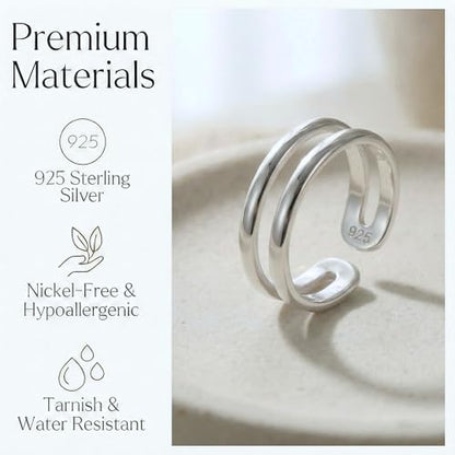 Sterling Silver Toe Ring, Adjustable Open Band, Handmade | Fits Toe, Knuckle or Pinky Ring | One Size Fits Most | Comfortable to Wear | Minimalist Style | Water Resistant - style: Double Band 1