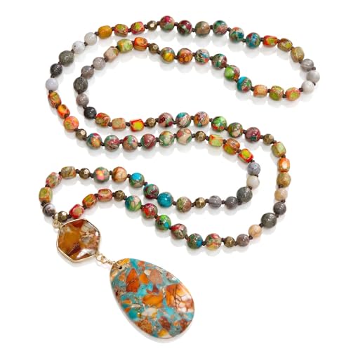 Gmai Boho Necklace for Women Long Beaded Pendant Necklace Natural Stone Teardrop pendant Jewelry Festival Vacation Gift Everyday Handmade Unique Statement Necklace - color: orange