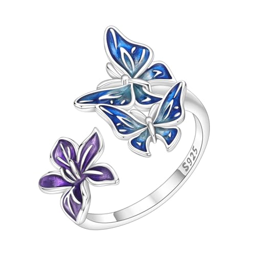 Rings for Women Butterfly Ring 925 Sterling Silver Rings Adjustable Promise Open Ring for Women Couple Wedding Engagement Jewelry Gifts - style: Butterfly Flower Open Ring