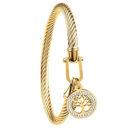 Gold Tree of Life Bangle Bracelet for Women, 18K Gold Plated Stainless Steel Double Layer Spring-Open Bangle, Meaningful Dainty Jewelry Gift - color: Gold-2