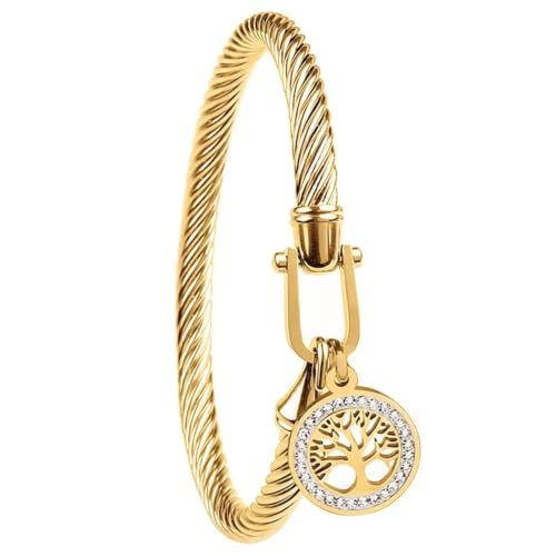 Gold Tree of Life Bangle Bracelet for Women, 18K Gold Plated Stainless Steel Double Layer Spring-Open Bangle, Meaningful Dainty Jewelry Gift - color: Gold-2