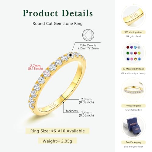 Birthstone Rings Eternity Band 925 Sterling Silver/Yellow Gold-Plated Created Gemstone Stackable Wedding Band 2.7mm Thin Half Eternity Rings for Women Size 6 to 10 - color: 04-CZ-Apr.-Yellow