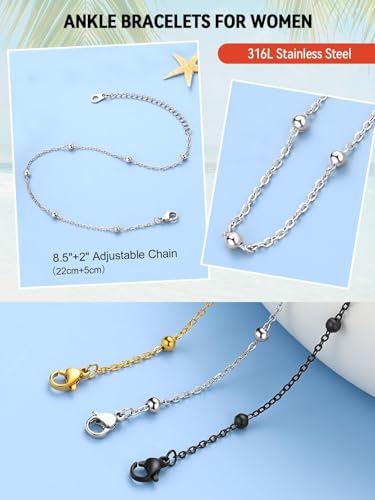 FaithHeart Waterproof Ankle Bracelets for Women, 1/2/3Pcs Non Tarnish Stainless Steel Layered Anklet Set Paperclip Figaro Cuban Link Chain Dainty Summer Beach Jewelry Gift Adjustable Size - style: a.Bead - Silver