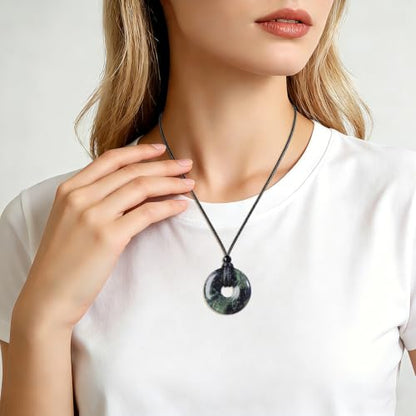 FANASY Natural Gemstone Pendant Necklce Lucky Coin Crystal Necklace Protection Donut Pendnat with Adjustable Rope for Men Women - color: Sparrow Stone