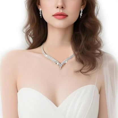 Women's Fashion Jewelry Rhinestone Zircon Necklace and Earring Set Formal Ball Gown Accessories Silver Floral Pendant Bridal Wedding Jewelry Suitable for Weddings, Balls, Banquets, and All Special Occasions - style: GST003