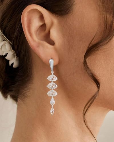 Dangle Earrings for Women - 14K Gold/White Gold/Rose Gold Plated Butterfly Heart Star Hoop Chain Long Tassel Cubic Zirconia CZ Dangle Earrings - color: Silver Leaf Dangle