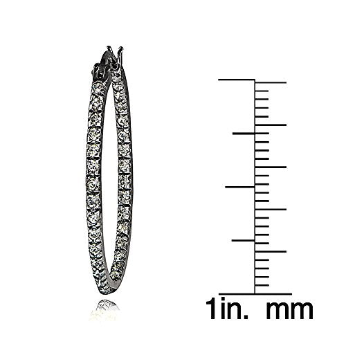 Hoops & Loops 925 Sterling Silver Cubic Zirconia Inside Out Oval Hoop Earrings for Women, 20mm 25mm 30mm - color: 25mm-Black