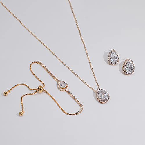Teardrop Cubic Zirconia Jewelry Set Necklace Earrings Bracelet Bridal Wedding Jewelry for Women Bridesmaid Prom Party - color: 3 Set - Rose Gold Plated