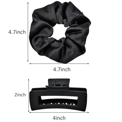 8 Pcs Claw Clips and Hair Scrunchies Set – Square Hair Clips for Women, Medium Non-Slip Matte, Large Satin Scrunchies, Hair Accessories for Thick Thin Hair, Party, Daily Use, Black&Beige - color: Classic Black & Cream