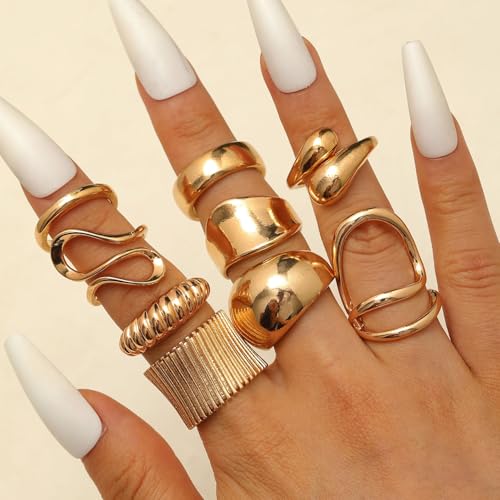 Chunky Gold Rings for Women Rhinestone Stackable Knuckle Ring Set Open Adjustable Statement Ring Set Dainty Crown Cross Midi Rings Fashion Jewelry Gift for Women - color: Gold7
