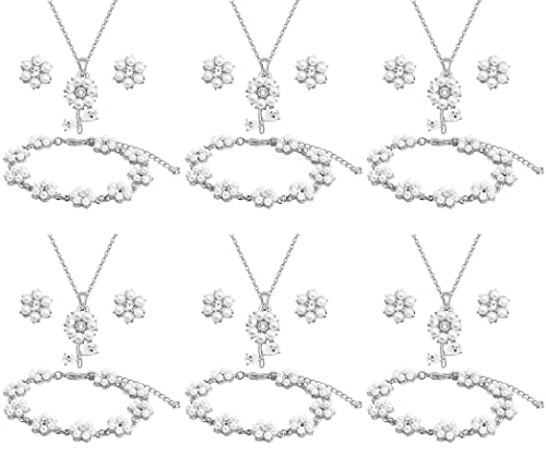 Bridesmaid Jewelry Set for Wedding, 18K Gold or Rose Gold or Silver Plated Flower Pendant with Simulate Pearl Necklace Earring Bracelet Set for Women Gift - color: SILVER - 6 SETS