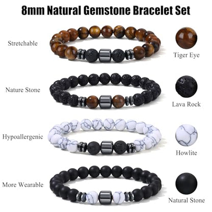 Giovanchi 4-12PCS Bracelets for Men, 8MM Mens Bracelets Lava Rock Black Obsidian Howlite Tiger Eye Beaded Natural Stone Bracelet Jewelry Gifts for Birthday Christmas - style: 4Pcs B