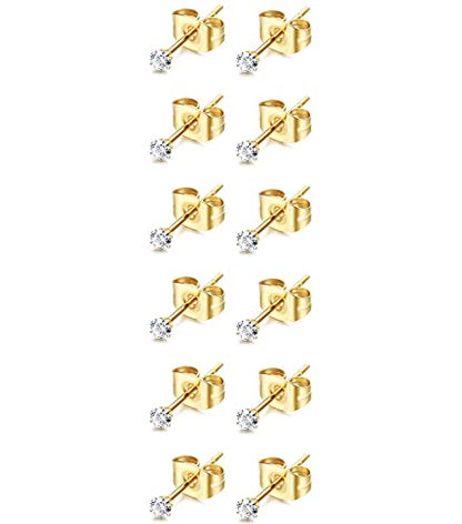 6Pairs 2mm/3mm Surgical Steel Hypoallergenic Piercing Studs, 20G 14K Real Gold Filled Tiny Stud Earrings Set for Multiple Hole Piercing (Cubic Zirconia, Pearl, Ball) - style: F : Cubic Zirconia, Gold, 3MM, 6 Pairs