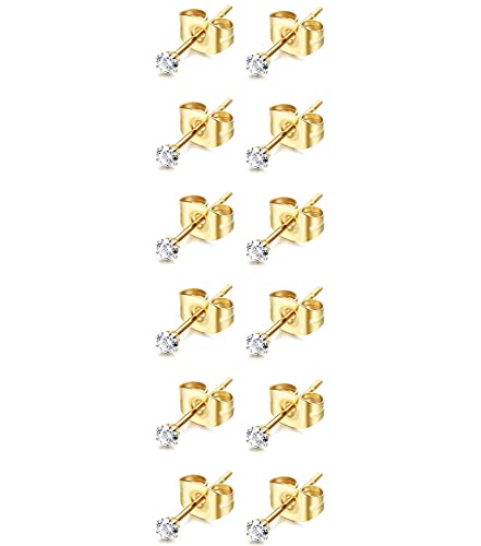 6Pairs 2mm/3mm Surgical Steel Hypoallergenic Piercing Studs, 20G 14K Real Gold Filled Tiny Stud Earrings Set for Multiple Hole Piercing (Cubic Zirconia, Pearl, Ball) - style: F : Cubic Zirconia, Gold, 3MM, 6 Pairs