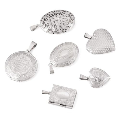 6Pcs 316 Stainless Steel Locket Pendants Heart Oval Flat Round Rectangle Photo Frame Charms Silver Locket Charms for Necklaces DIY Memorial Necklace Making - color: Golden Color, 6 Styles