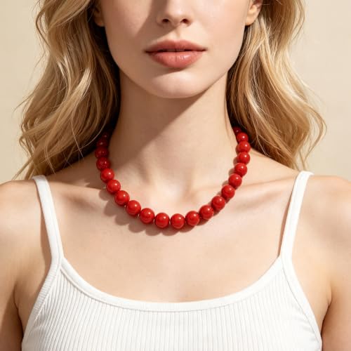 Chunky Beaded Necklace for Women 16mm Round Bead Resin Modern Statement Necklace Jewelry Accessories - color: red