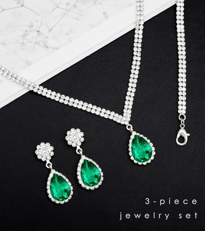 Elegant Silver Crystal Wedding Necklace Earrings Bracelet Jewelry Set for Women Brides Bridesmaids Prom Party Costume Accessory Bridal Jewelry - color: silver-emerald green