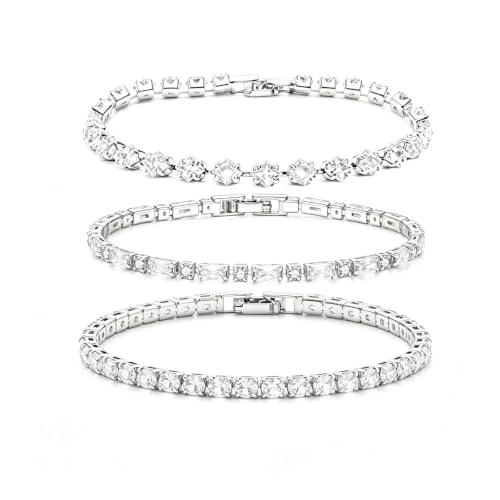 3Pcs Women Stackable 14K Gold Plated Tennis Bracelet with Colorful CZ | Dainty Classic Everyday Jewelry 14K Gold Plated Colorful Cubic Zirconia Tennis Bracelet Created Diamond for Wedding 7 inches - color: silver white