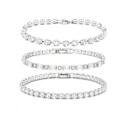 3Pcs Women Stackable 14K Gold Plated Tennis Bracelet with Colorful CZ | Dainty Classic Everyday Jewelry 14K Gold Plated Colorful Cubic Zirconia Tennis Bracelet Created Diamond for Wedding 7 inches - color: silver white
