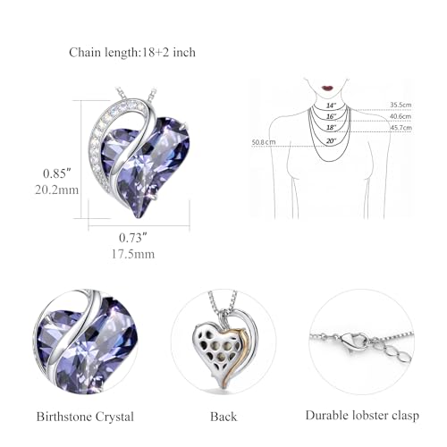 Crystal Heart Necklace for Women - Quietrose Faceted Crystal Heart Pendant with Sparkle Accents, Silver-Tone Curved Frame, 0.85" x 0.73", 18+2" Adjustable Chain, Elegant Gift for Her - color: Violet - Dreamlit Night