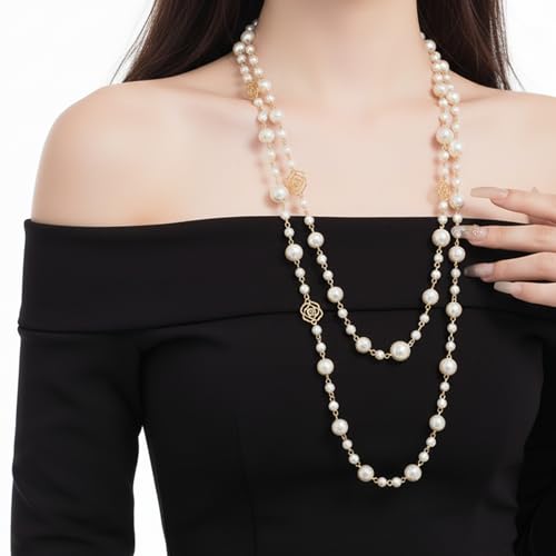 Long Pearl Necklace for Women, Layered Faux Pearl Station Necklace, Gold Tone Double Strand for Wedding Guest Looks and Evening Styling - color: Golden Hollow-out Rose