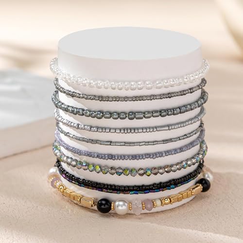Handmade Stackable Rice Seed Beaded Ball Bracelets set for women, Romantic Boho Trendy Acrylic Glass Stretch Accessories Multi Layer Jewelry, Daily Wear Party Holiday Friendship Gift - color: Black