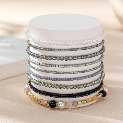 Handmade Stackable Rice Seed Beaded Ball Bracelets set for women, Romantic Boho Trendy Acrylic Glass Stretch Accessories Multi Layer Jewelry, Daily Wear Party Holiday Friendship Gift - color: Black