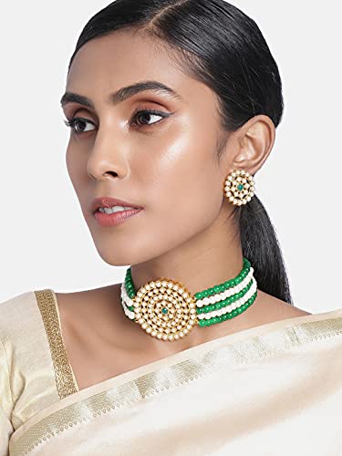Aheli Pearl Diamond Choker Necklace & Round Earrings Gift for Women Indian Traditional Bollywood Fashion Bharatanatyam jewellery set - color: Green & White