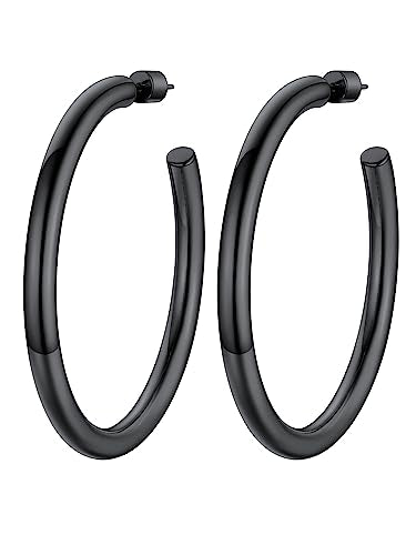 PROSTEEL Chunky Hoop Earrings for Women 14K Gold Plated/Black/Silver | 20/30/40/50/60/70/80mm Stainless Steel Thick Big Round Hoop with Waterproof and Non Tarnish Trendy Jewelry with Gift Box - color: 2. Black, size: 60MM