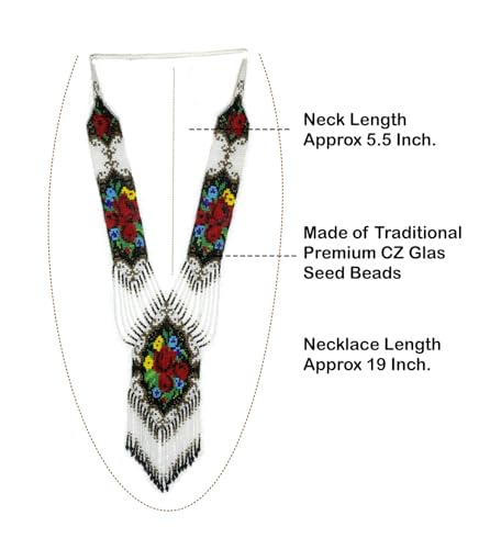 Long Beaded Necklace – Boho Native Handmade Seed Bead Tassel Necklace, Bohemian Large Statement Beaded Necklace for Women - color: White Rose Red