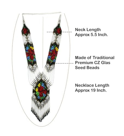 Long Beaded Necklace – Boho Native Handmade Seed Bead Tassel Necklace, Bohemian Large Statement Beaded Necklace for Women - color: White Rose Red