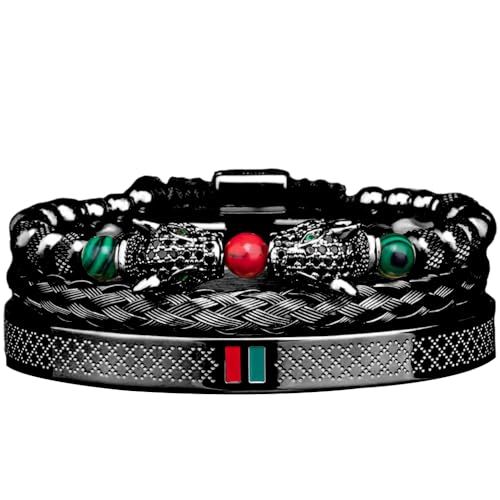 3pcs/set Classical Handmade Braiding Bracelet Hip Hop Men Pave CZ Leopard Head Roman Numeral Bracelet Stainless Steel Jewelry - color: 3pcs S Double Leopard Head Black