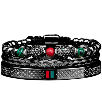 3pcs/set Classical Handmade Braiding Bracelet Hip Hop Men Pave CZ Leopard Head Roman Numeral Bracelet Stainless Steel Jewelry - color: 3pcs S Double Leopard Head Black