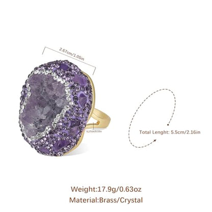 HZMAN Natural Stone Statement Ring for Women, Crystal Paved Bold Cocktail Ring, Adjustable Gold Tone Fashion Jewelry - color: Amethyst Druzy Stone