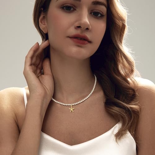 Zeffy Pearl Necklace 4MM/6MM/8MM Dainty Round Imitation Pearl Choker Necklace Wedding Pearl Necklace Delicate Jewelry for Women Simple Bridesmaid Jewelry Gifts - style: 4mm Gold Starfish Pearl Necklace(16"+2")