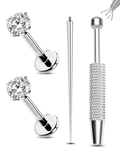 2PCS 20G/18G/16G Titanium Flat Back Nose Studs Internally Thread Cartilage Earring Studs Clear CZ Helix Tragus Earrings for Women Medusa Labret Stud Conch Piercing Jewelry Hypoallergenic - size: 1.2*8mm