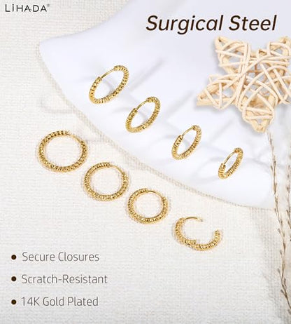 Surgical Steel Small Gold Huggie Hoop Earrings for Women Hypoallergenic - color: E-14K Glod Plated