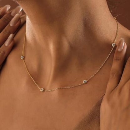 Dainty Silver Gold Necklaces for Women Cute Station Choker Simulated Diamond Necklace Simple Layering CZ Necklace Trendy Jewelry Gifts - color: Gold, style: 5pcs Round CZ-Cable Chain