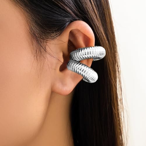 Gold Ear Cuff Earrings for Women Non Piercing 14K Gold Plated/Silver Cuff Clip On Cartilage Hoop Shining Cubic Zirconia Twisted Chain Ear Clip On Earring for Women Chunky Ear Cuffs Earrings - color: A-silver