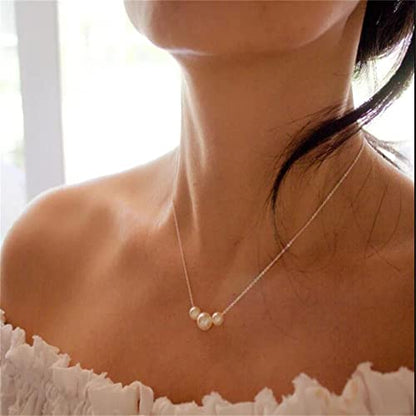 Pearl Necklaces for Women,14K Real Gold Plated Dainty Cute Pearl Necklace for Women Handmade Pearl Chain Necklace Everyday Jewelry Gift - color: Classic Style-Three Pearl-Gold