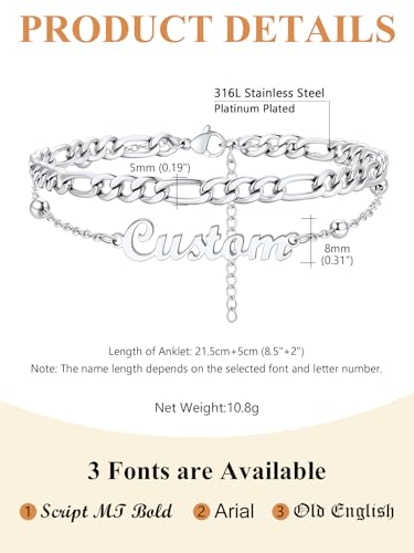 Custom4U Custom Name Anklet Bracelets for Women Waterproof Beaded/Figaro/Cuban/Rope/Wheat Chain Anklet Stackable Gold Plated Non Tarnish Custom Beach Gift Barefoot Summer Jewelry for Her - color: C02-Silver Figaro Chain