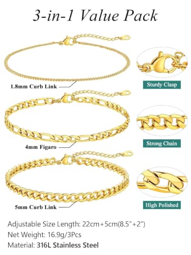 FaithHeart Waterproof Ankle Bracelets for Women, 1/2/3Pcs Non Tarnish Stainless Steel Layered Anklet Set Paperclip Figaro Cuban Link Chain Dainty Summer Beach Jewelry Gift Adjustable Size - style: d.Cuban Mixed 3Pcs - Gold