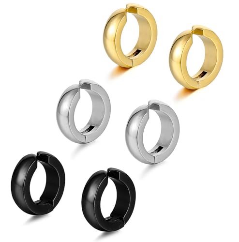SIISPRI Stainless Steel Mens Womens Clip On Earrings Hoop Huggie Non-Piercing - color: 3-Color Set (Black, Gold, Silver)