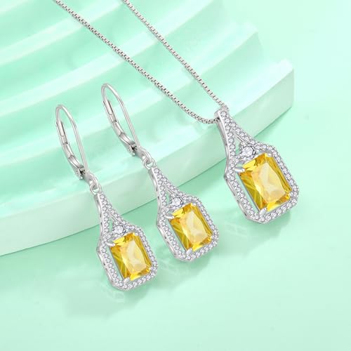 Created Gemstone Necklace 925 Sterling Silver Halo Rectangular Pendant Birthstone Necklaces Jewelry Gifts for Women - color: 11 November - Citrine