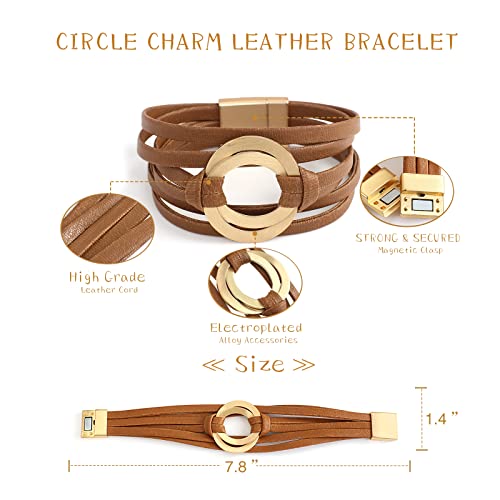 hotoo Circle Charm Bracelets for Women Handmade Leather Wrap Bracelets for Couples Friendship Bracelet Bohemian Cuff Bangle Boho Jewelry Gift - color: Coffee