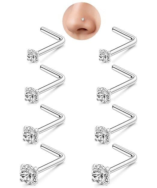 8Pcs 20G Gold/Silver 316L Surgical Stainless Steel L Shaped Corkscrew Nose Studs earrings, Hypoallergenic Nickel Free Tiny Clear Cubic Zirconia Nose Piercing Jewelry 2mm‑4mm,cartilage piercings, Minimalist Dainty Body Piercing Accessories for Sensitive Sk