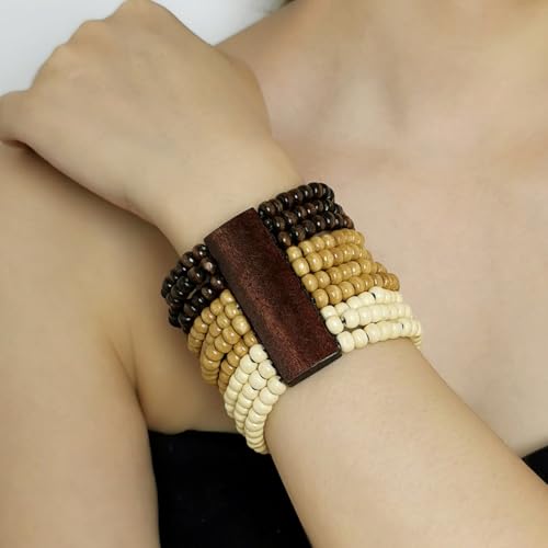 Caiyao Bohemian Wooden Beaded Stretch Bracelet Wide Chunky Bangle Beads Jewelry Wood Elastic Wristband for Women-Brown - style: 00B